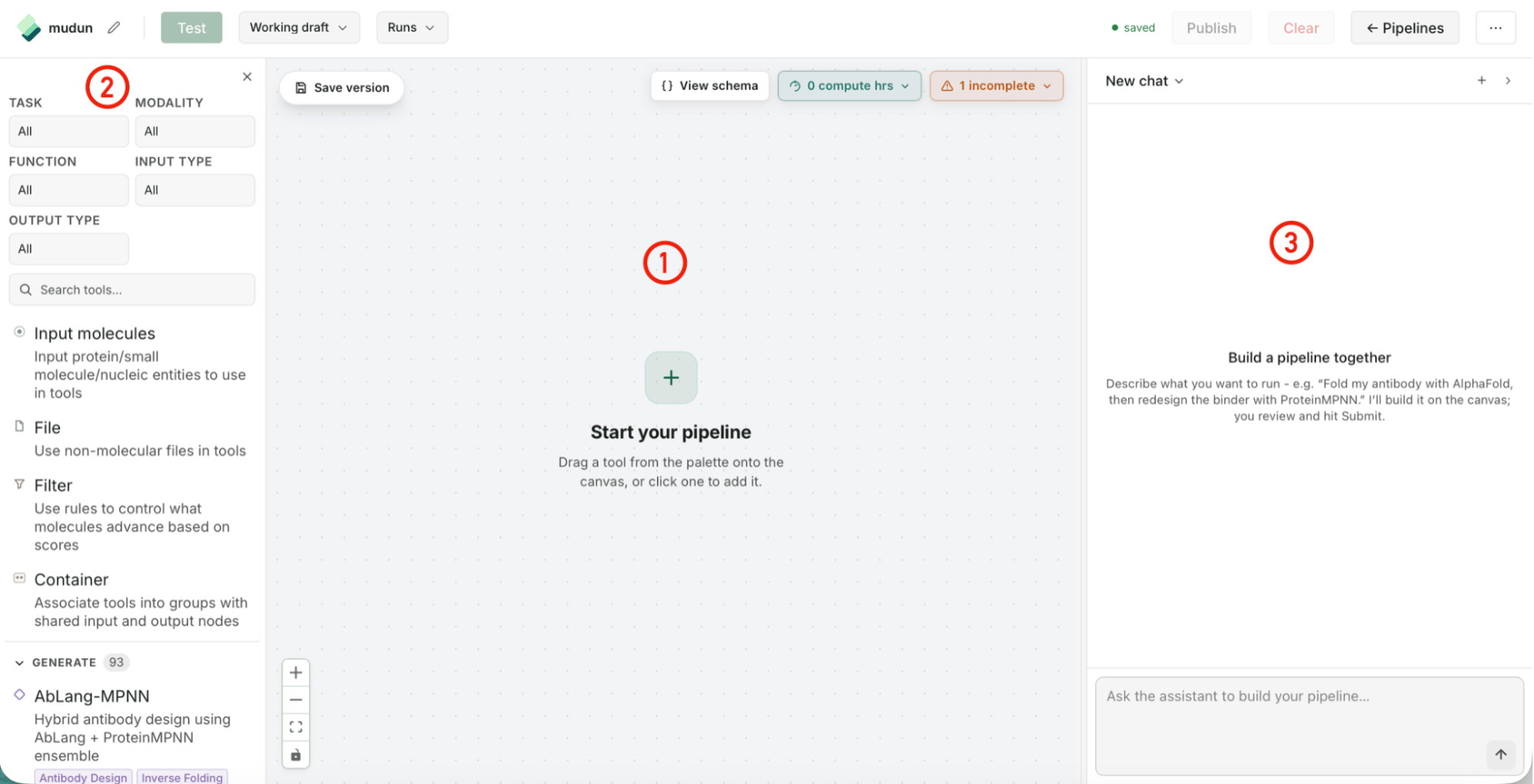Empty pipeline editor: the canvas center (1), the tool search sidebar on the left (2), and the pipelines agent chat panel on the right (3).