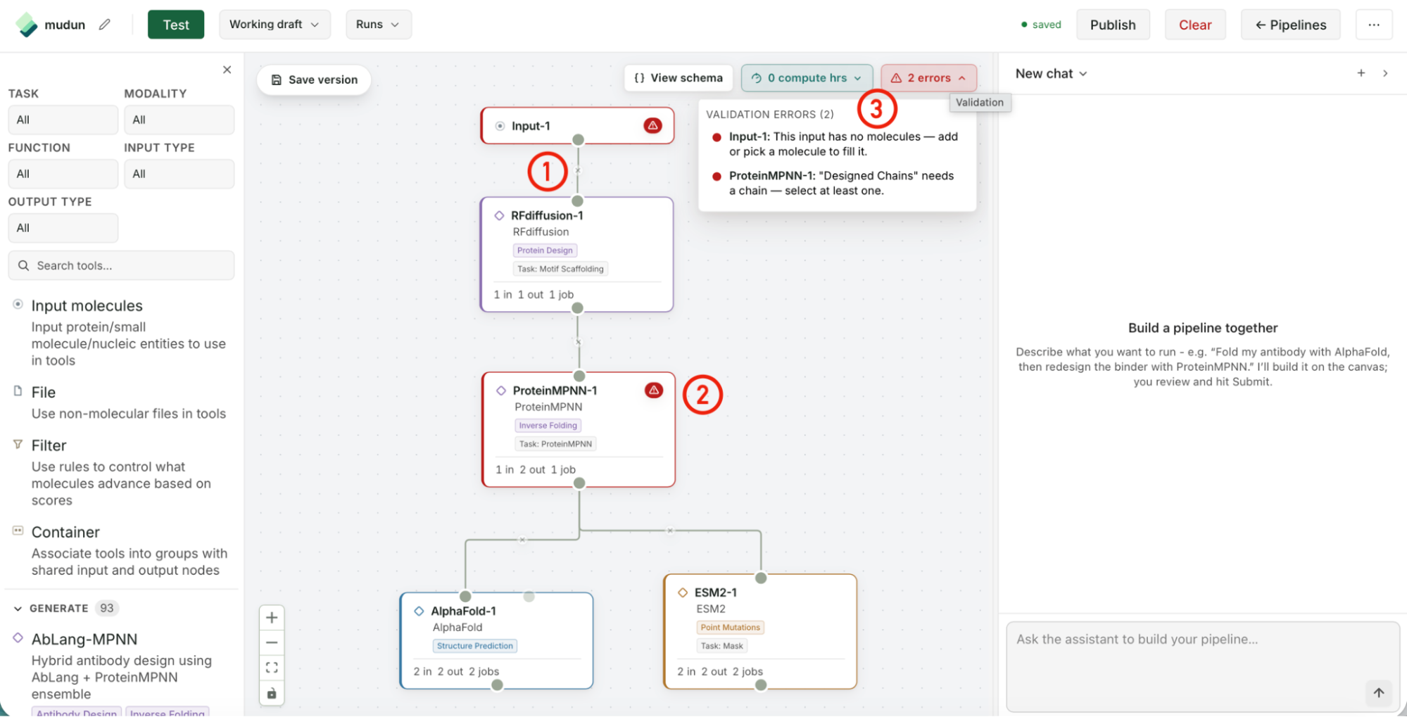 Wired-up canvas with a node showing an error indicator (1), a per-node settings-needed banner (2), and the errors panel opened from the top-right (3).