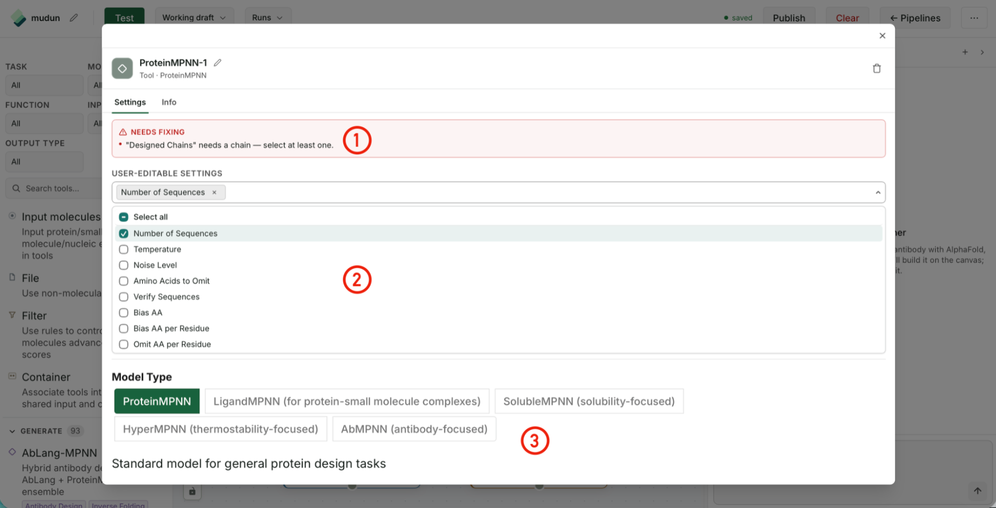 ProteinMPNN node settings dialog: "needs fixing" banner at the top (1), the editable-user-settings picker (2), and the Model Type selector for behind-the-scenes tool settings (3).