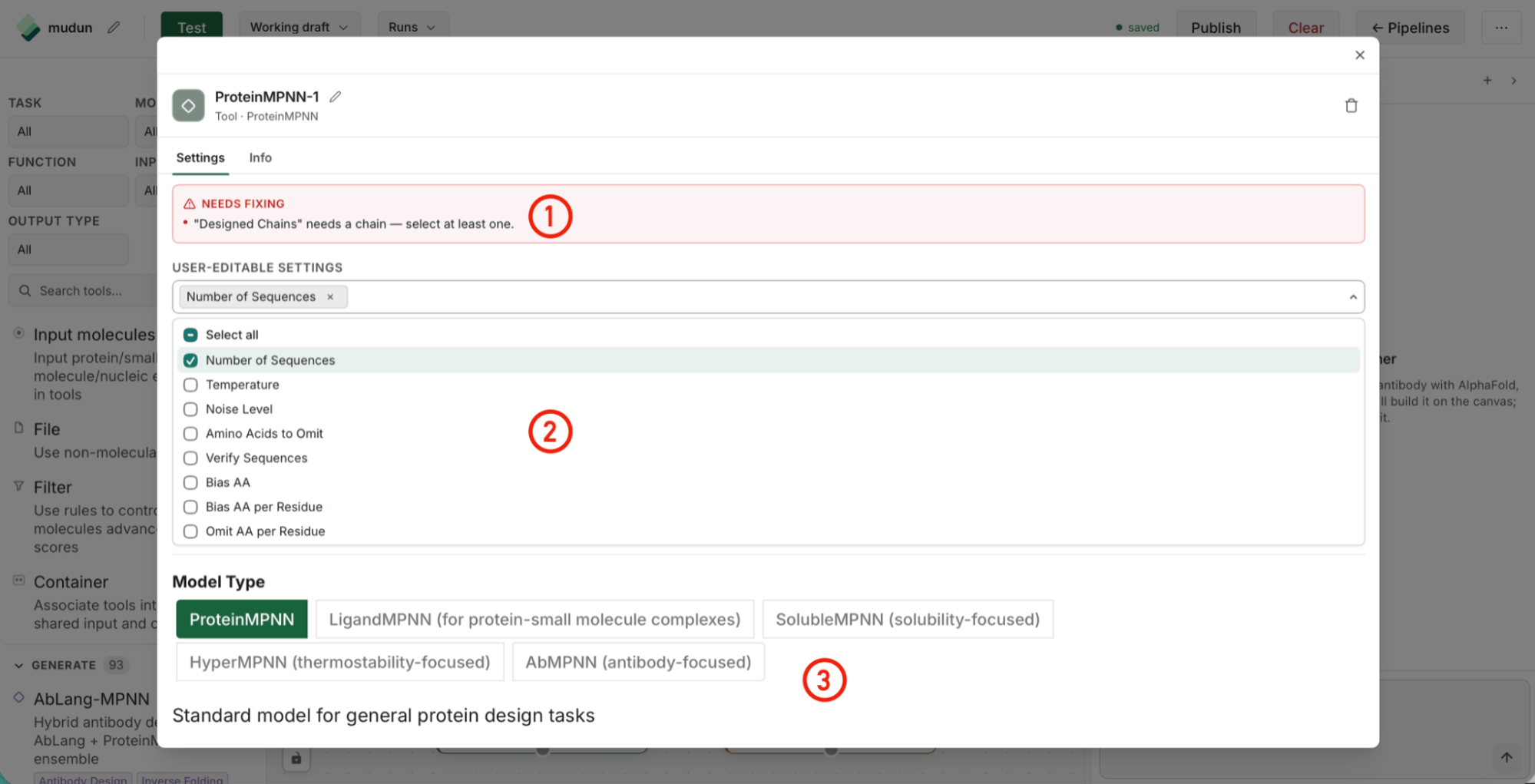 ProteinMPNN node settings dialog: "needs fixing" banner at the top (1), the editable-user-settings picker (2), and the Model Type selector for behind-the-scenes tool settings (3).