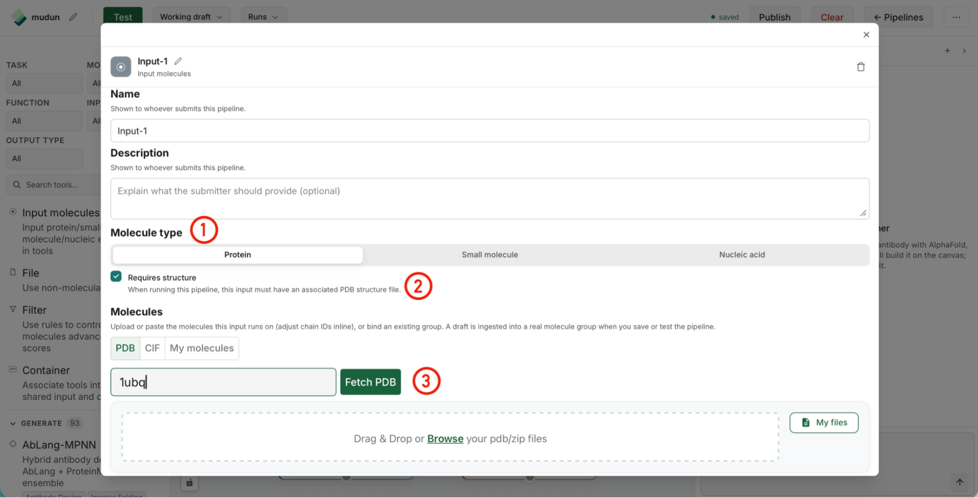 Input node configuration modal: molecule-type tabs — Protein / Small molecule / Nucleic acid (1), a "requires structure" toggle (2), and a PDB fetch field for the default molecule (3).