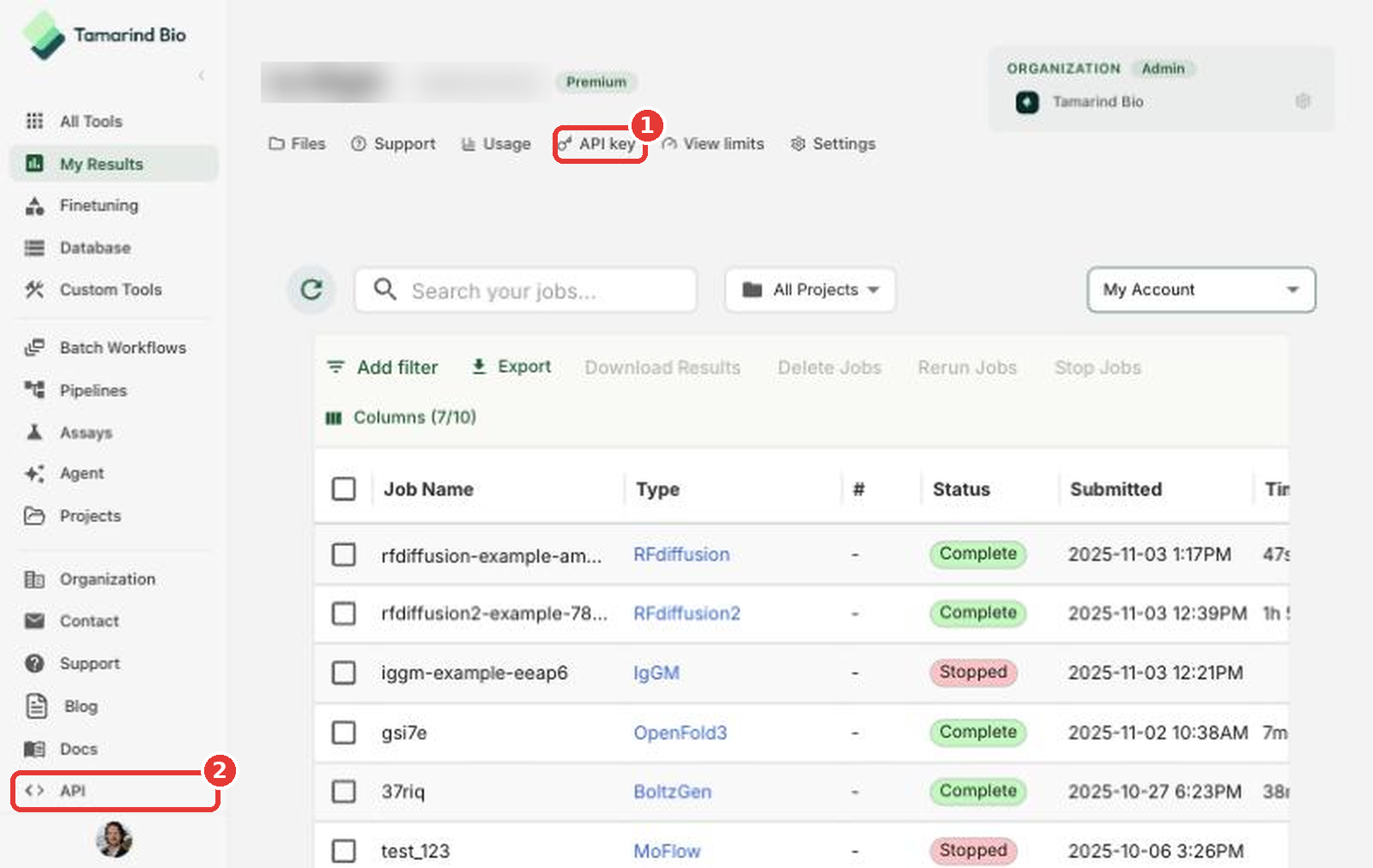 API in the sidebar and API key on My Results