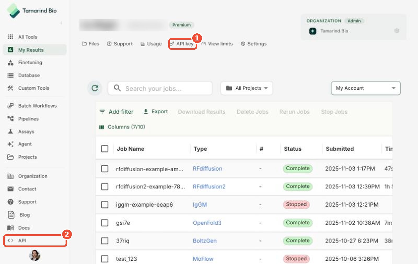 API in the sidebar and API key on My Results