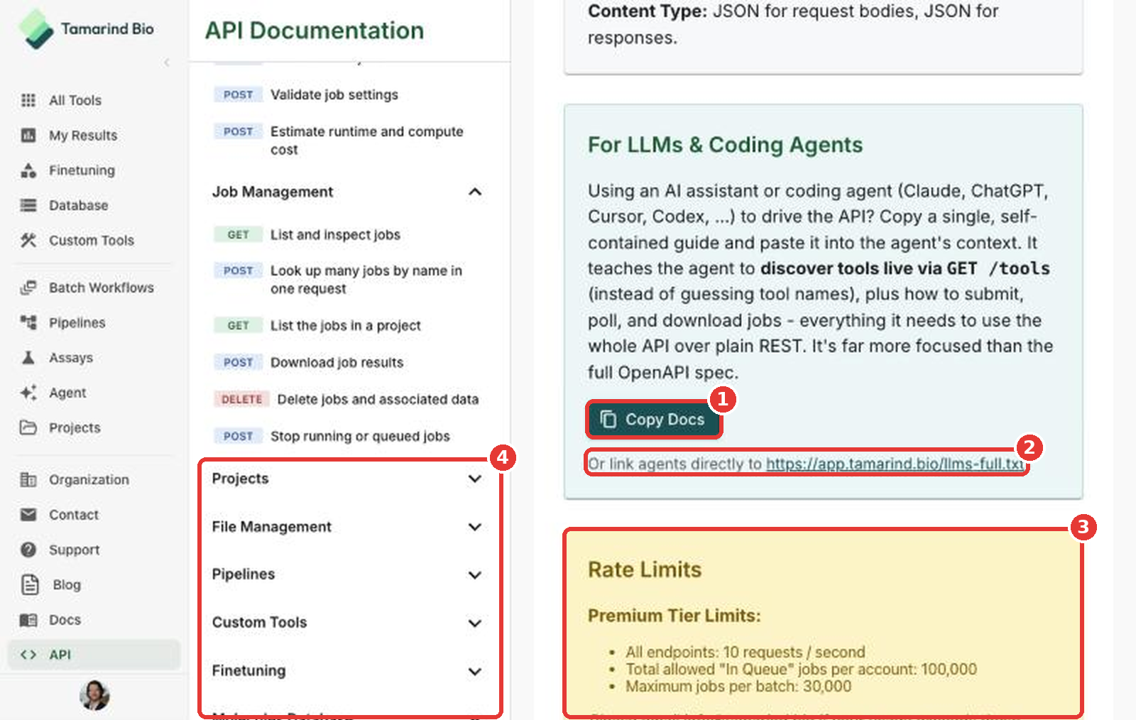 LLM guide, rate limits, and the endpoint menu