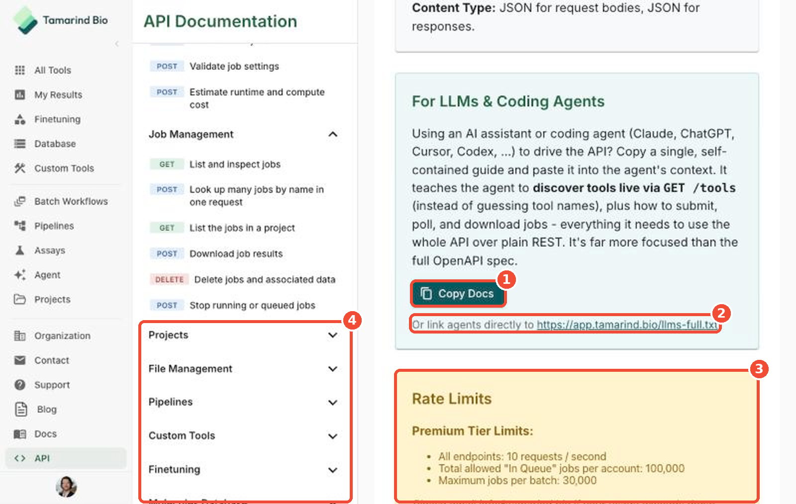 LLM guide, rate limits, and the endpoint menu