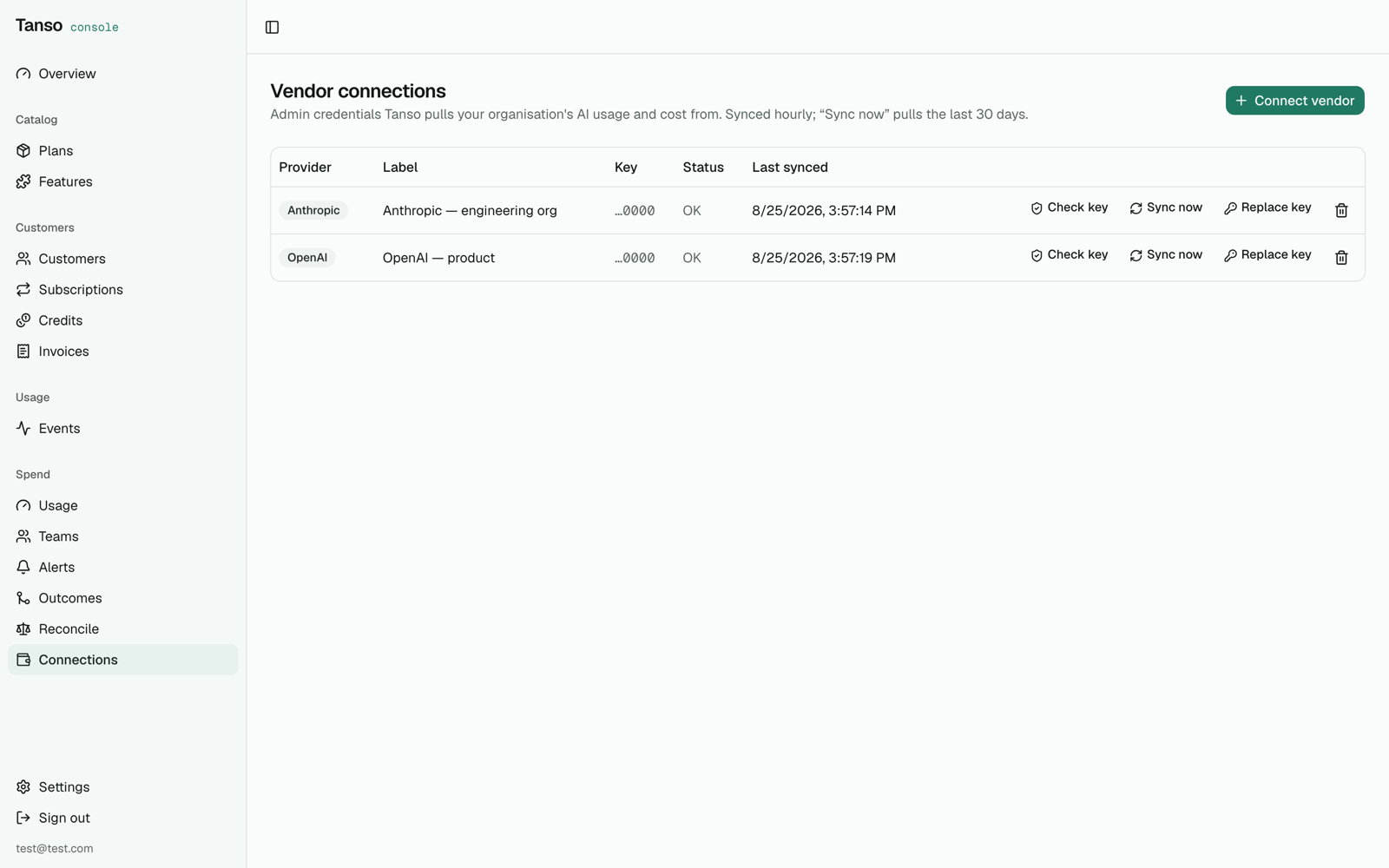 Vendor connections with status, last sync, check and sync actions