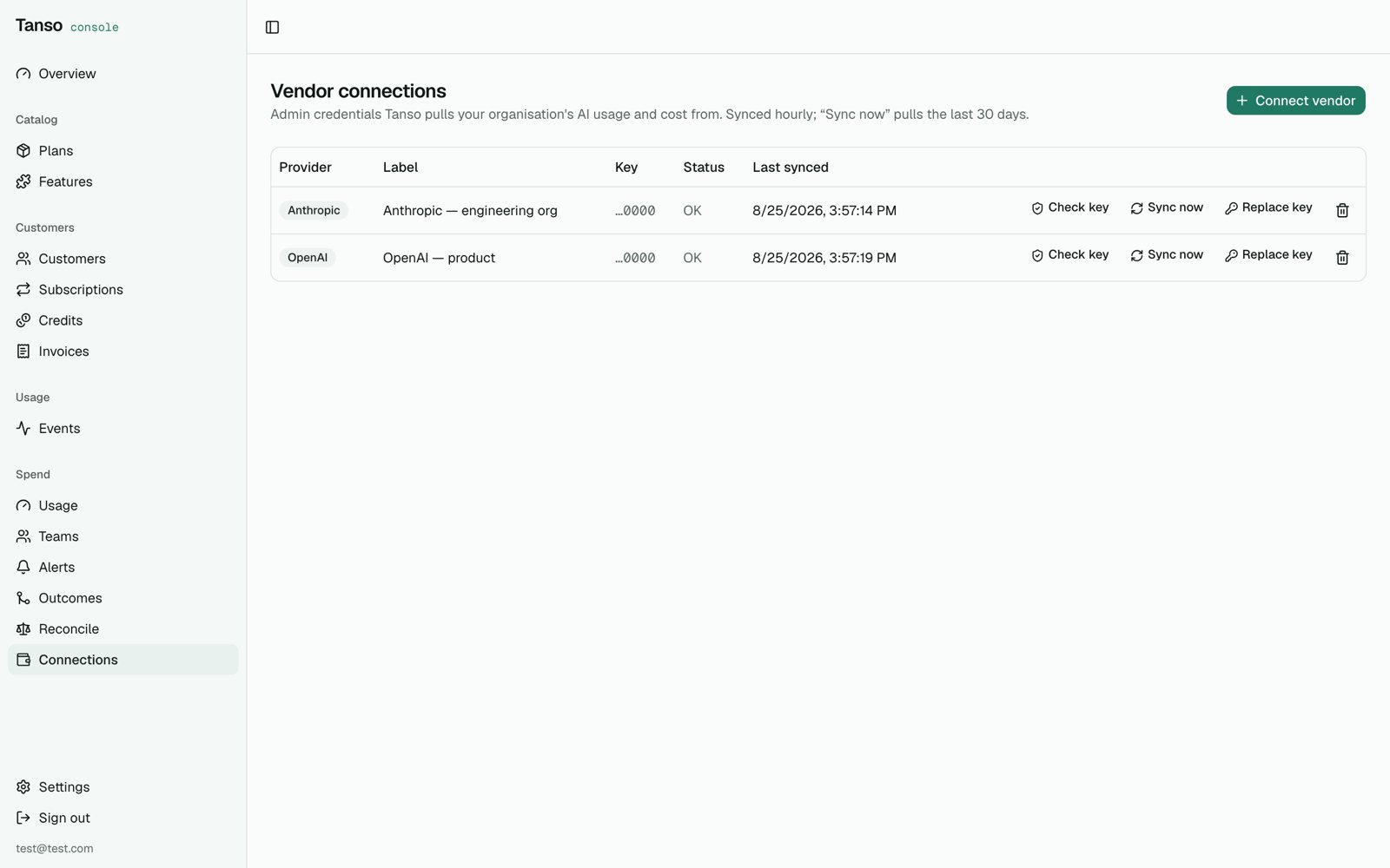 Vendor connections with status, last sync, check and sync actions