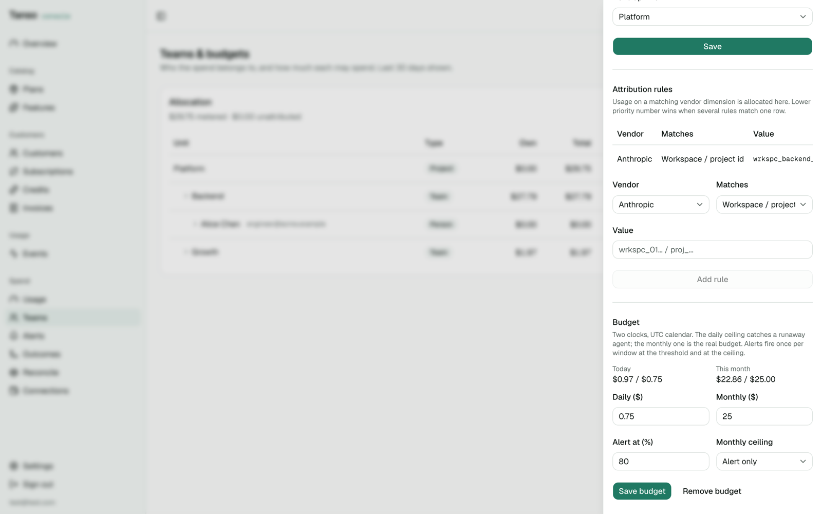 Unit sheet with rules and budget