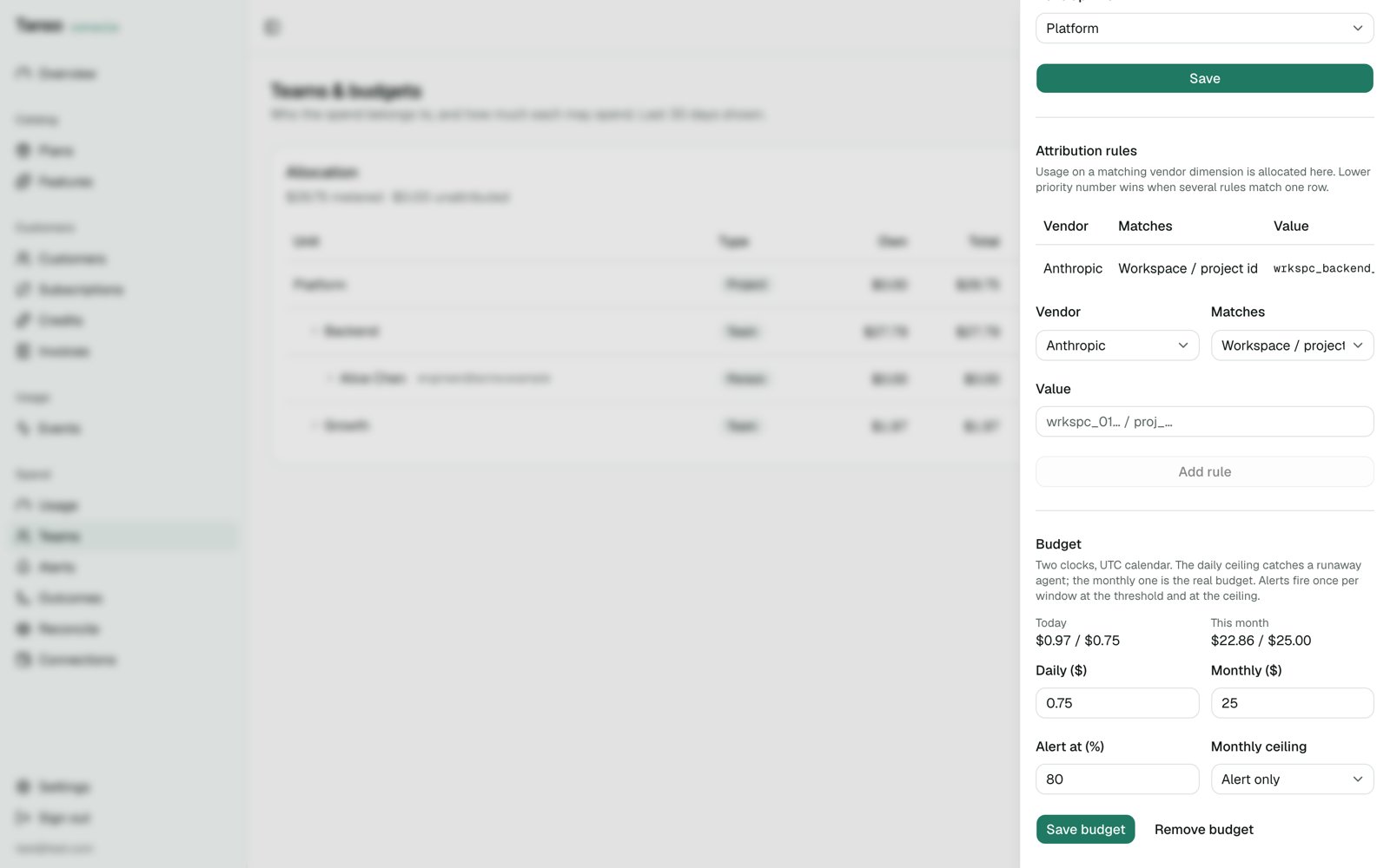 Unit sheet with rules and budget