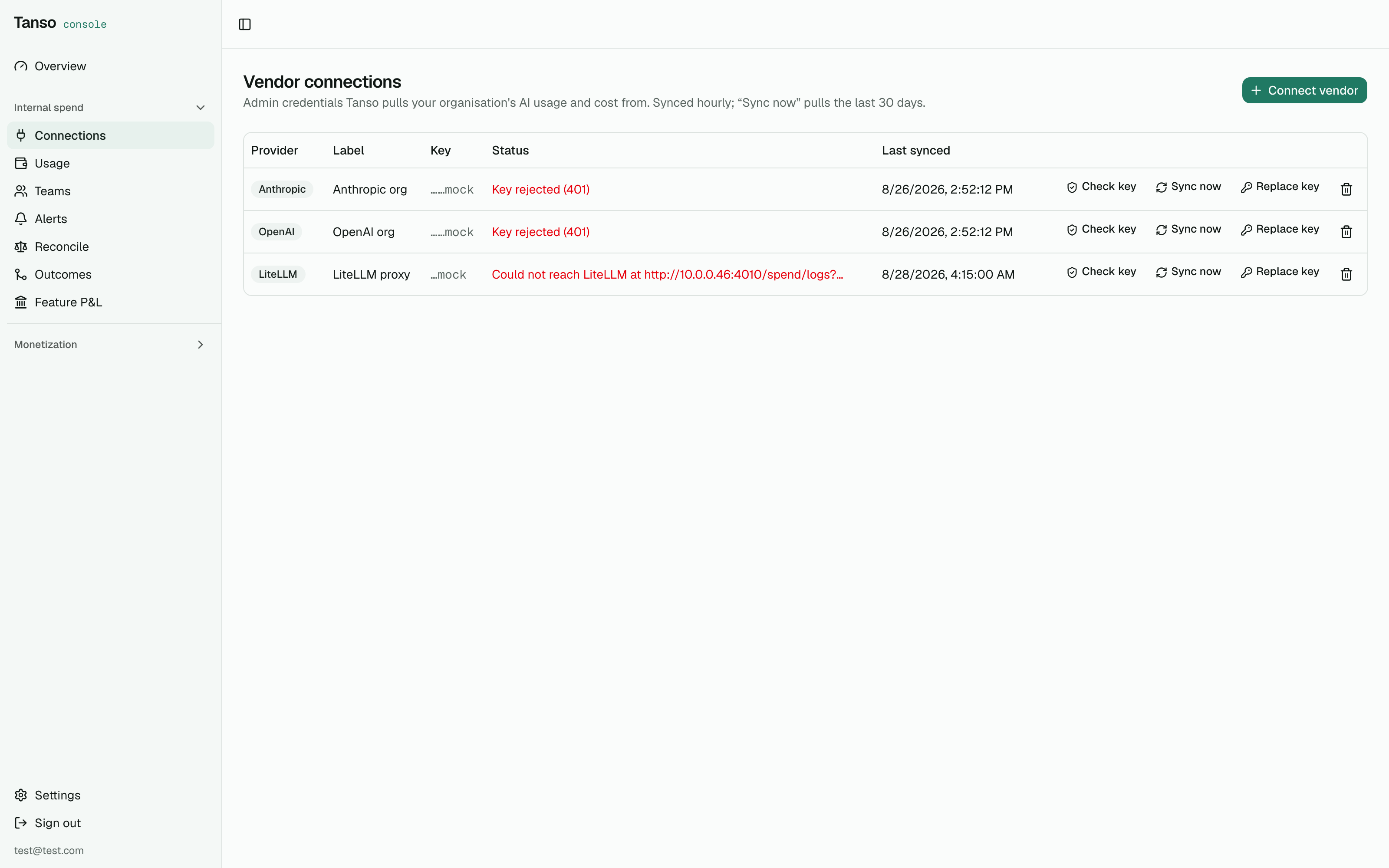 Vendor connections with status, last sync, check and sync actions