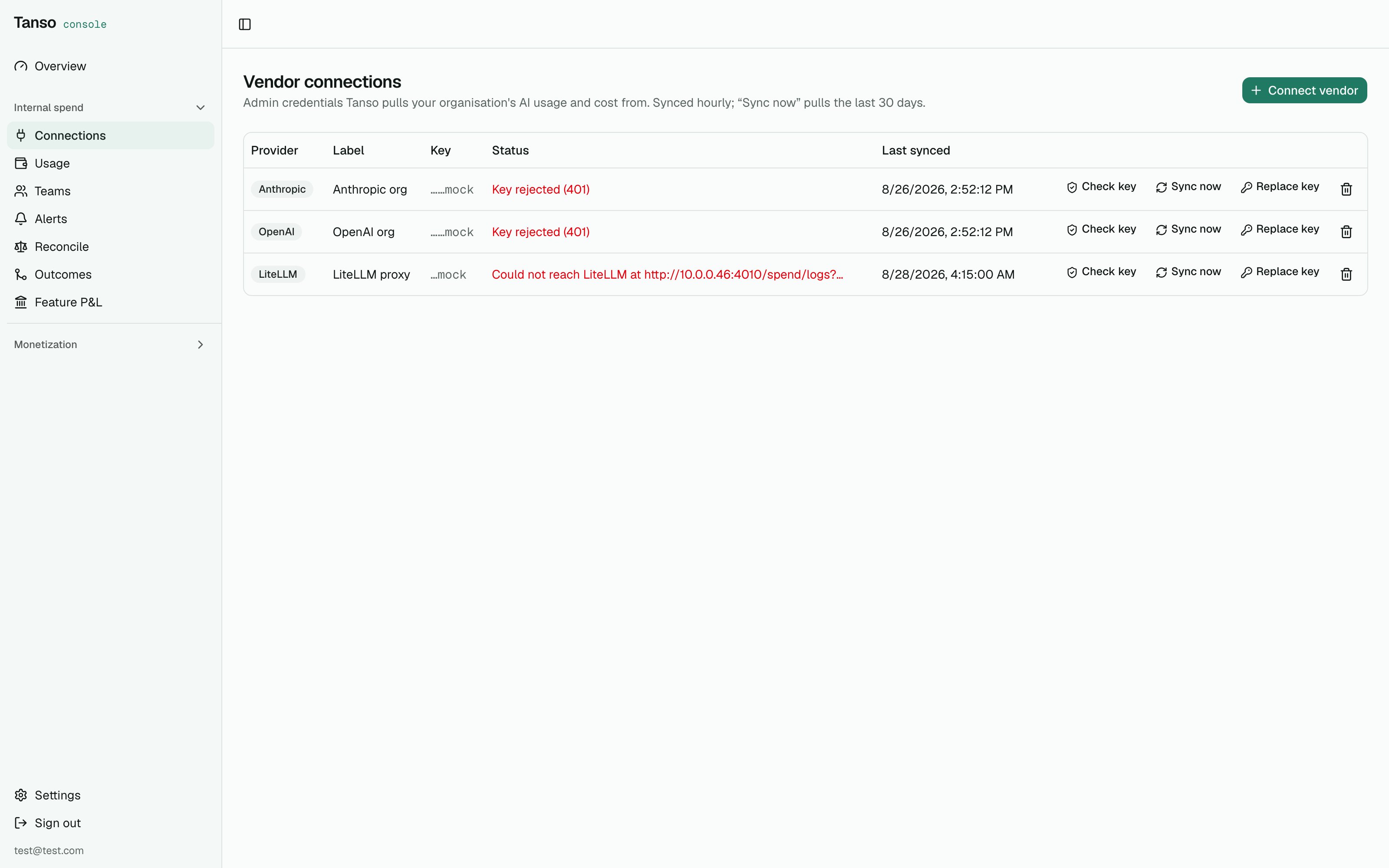 Vendor connections with status, last sync, check and sync actions