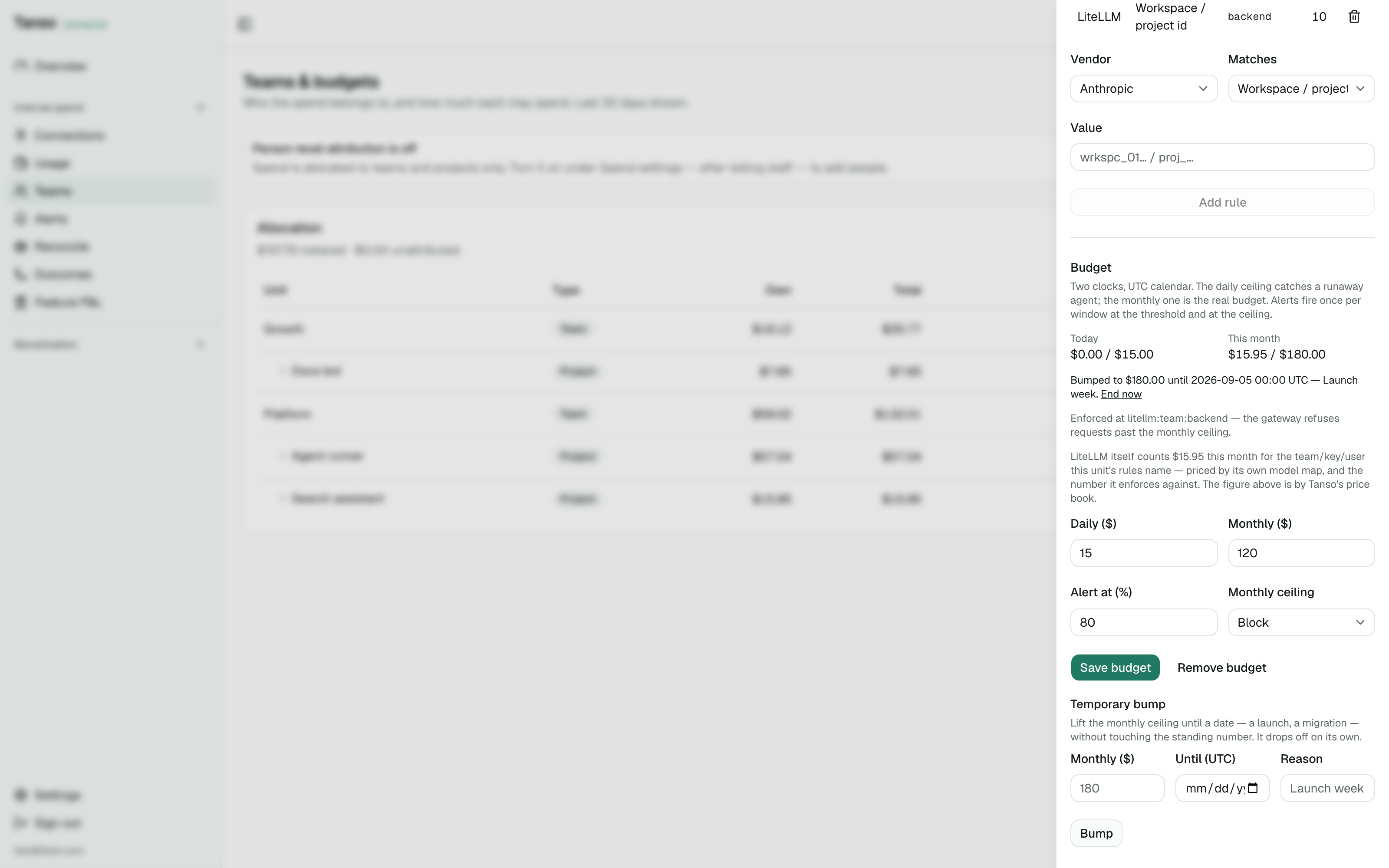 Budget card: enforced at litellm:team:backend, bumped, LiteLLM's own count beside Tanso's