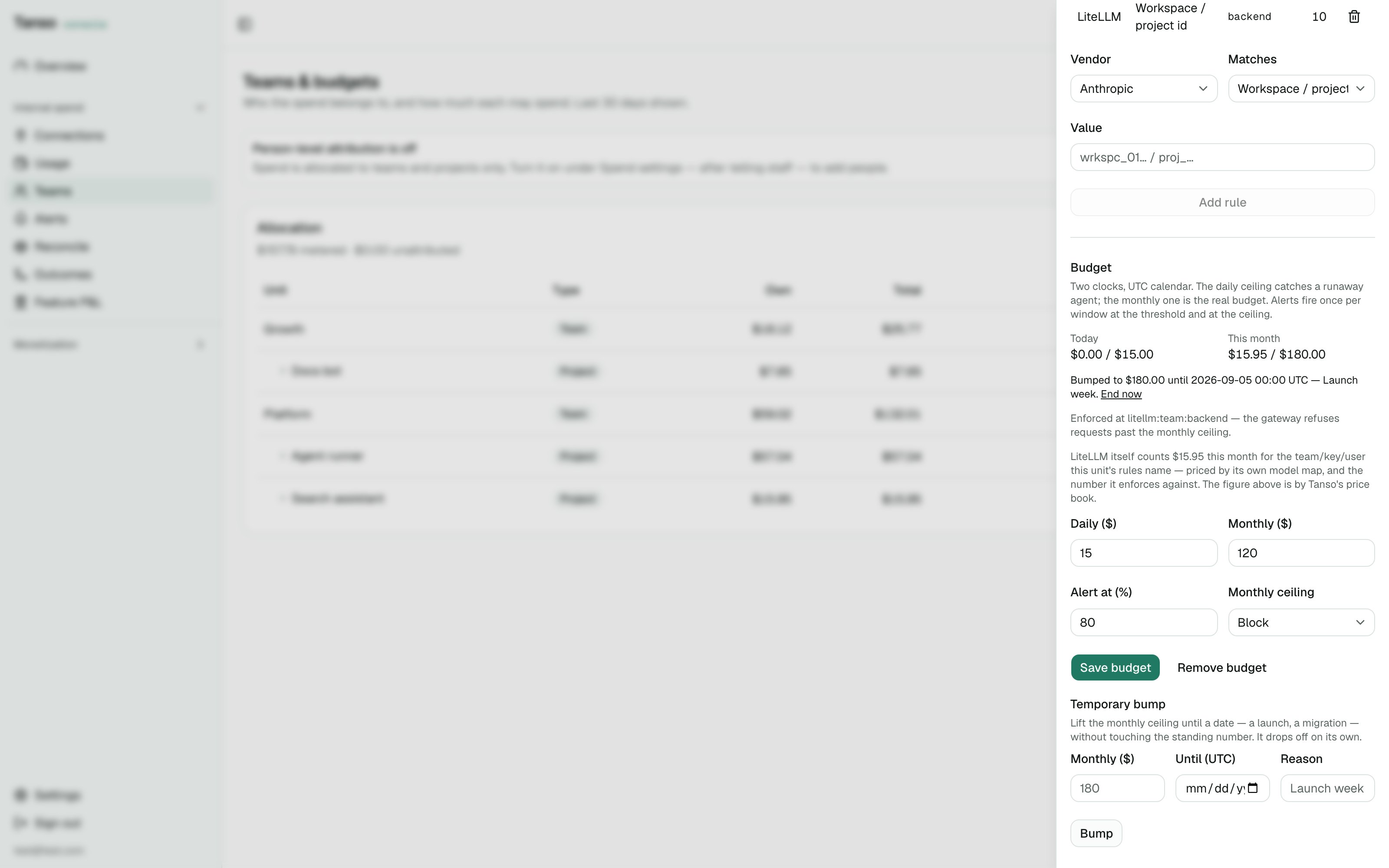 Budget card: enforced at litellm:team:backend, bumped, LiteLLM's own count beside Tanso's