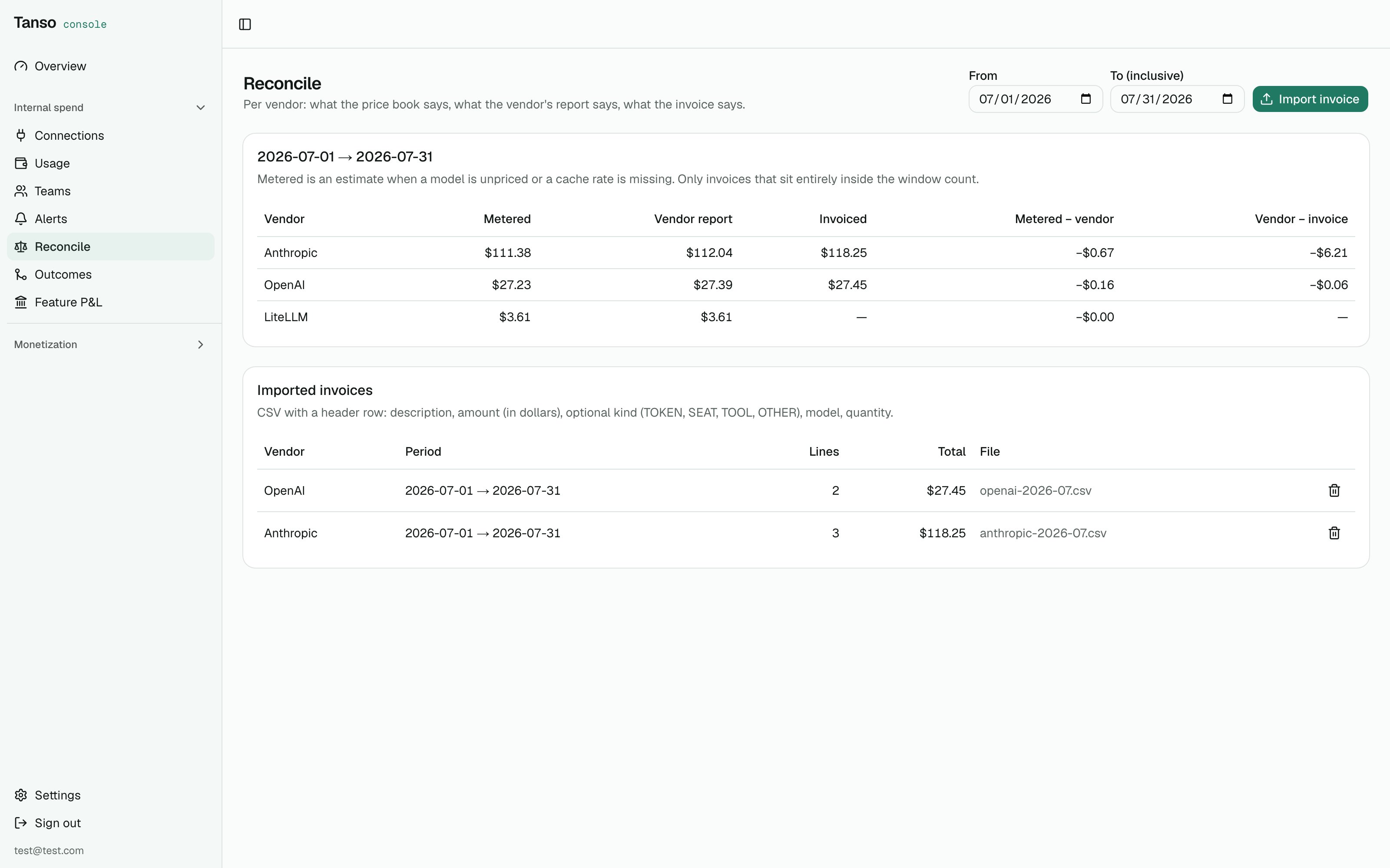 Reconcile: metered vs vendor-reported vs invoiced per vendor