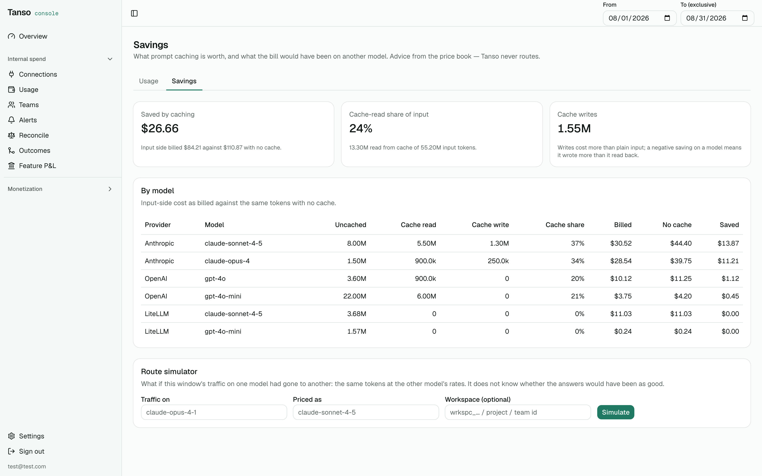 Savings by model and a route simulation result