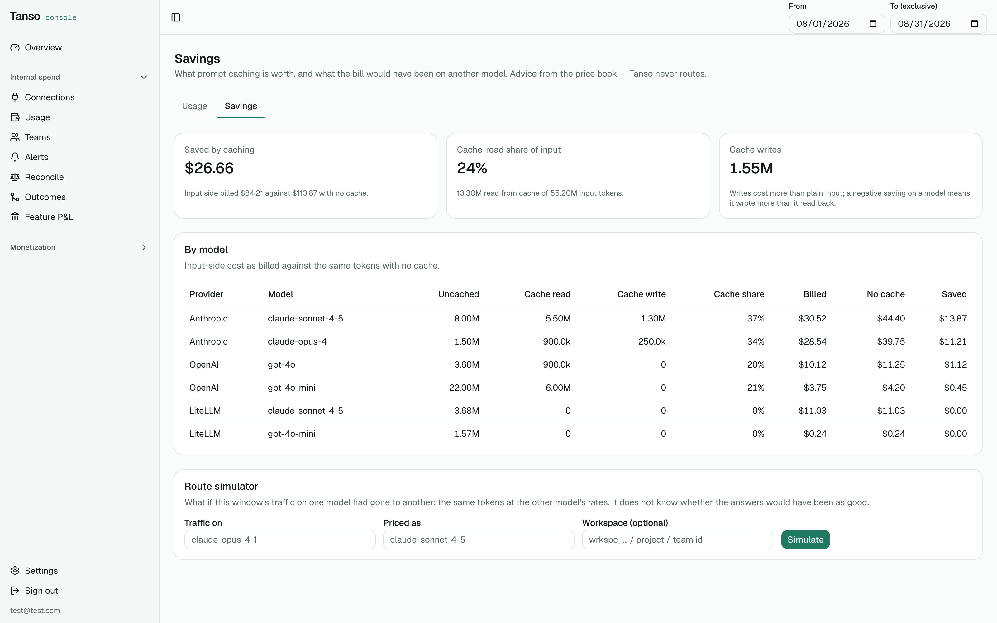Savings by model and a route simulation result
