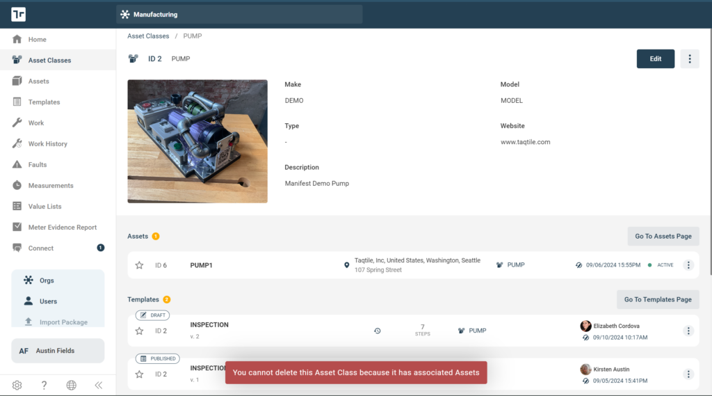 Asset Class Asset Associated Cant Delete