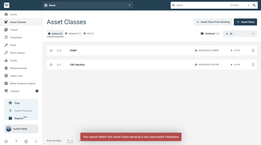 Asset Class Delete Template Associated