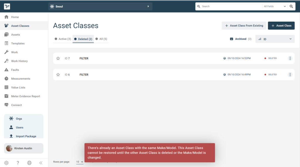 Asset Class Restoringwith Existing Make Model Dont Allow