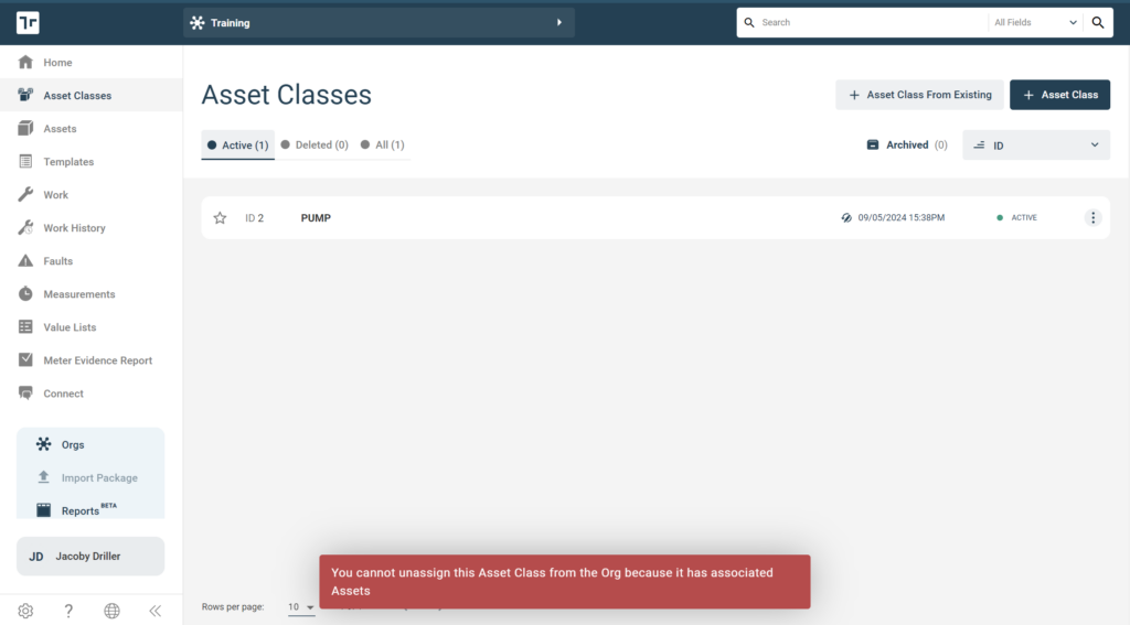 Asset Class Unassign Associated Assets