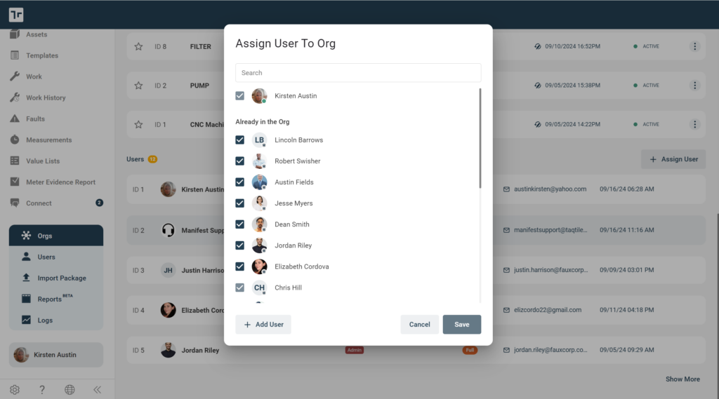 Assign Users Orgspage