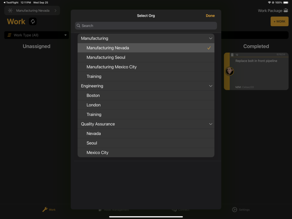 Org Selector Work Board