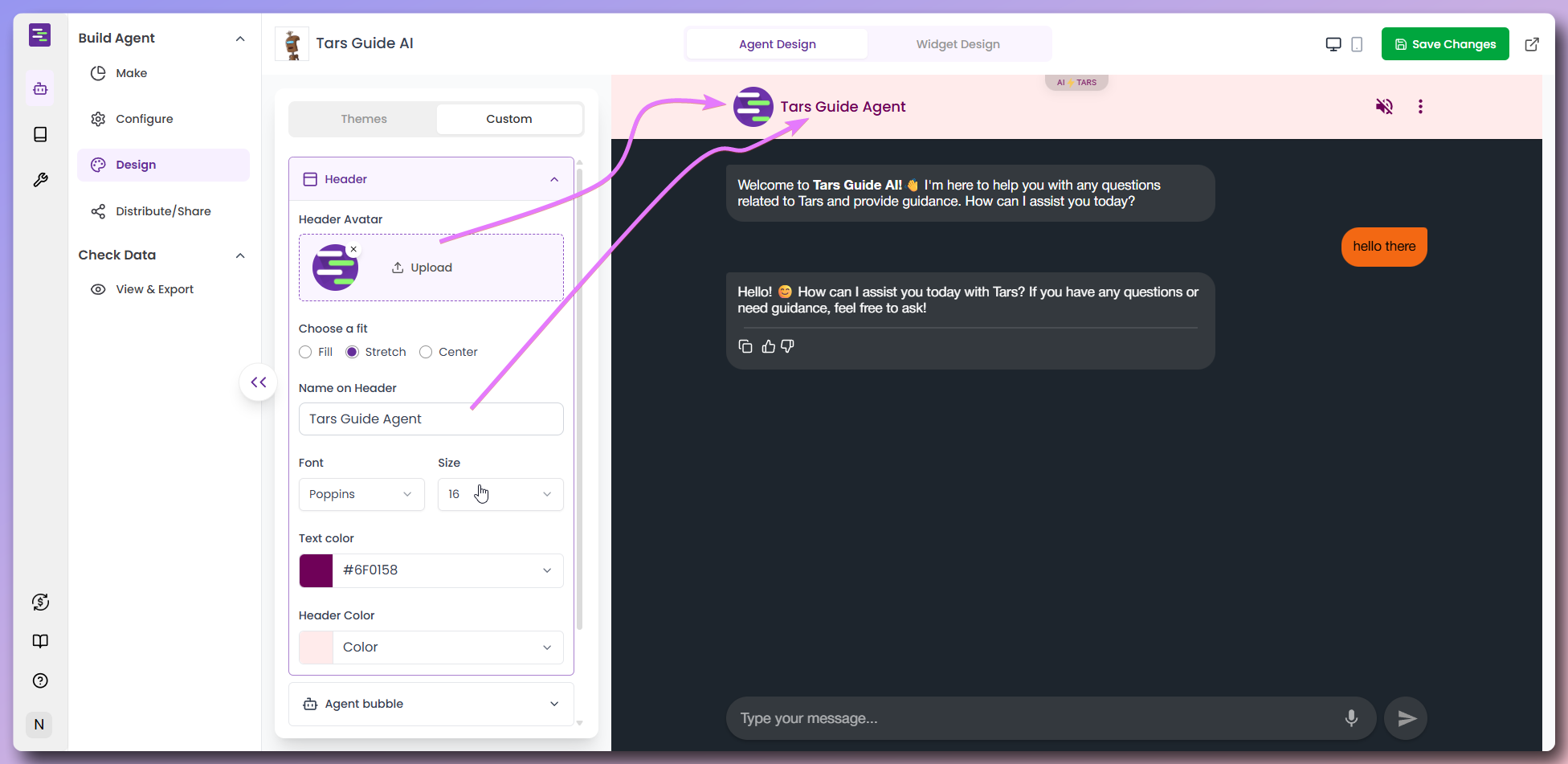 Header design customization options