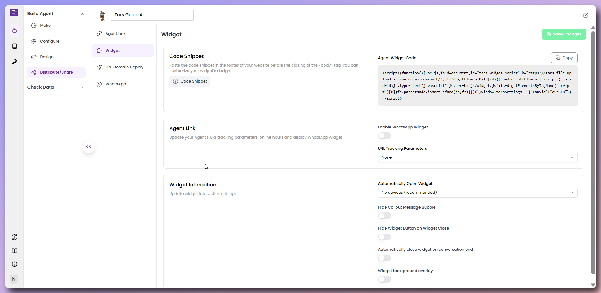Website widget embed code and configuration
