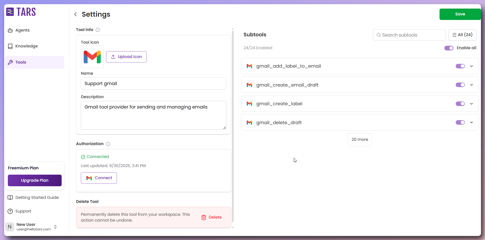 Gmail tool successfully connected confirmation