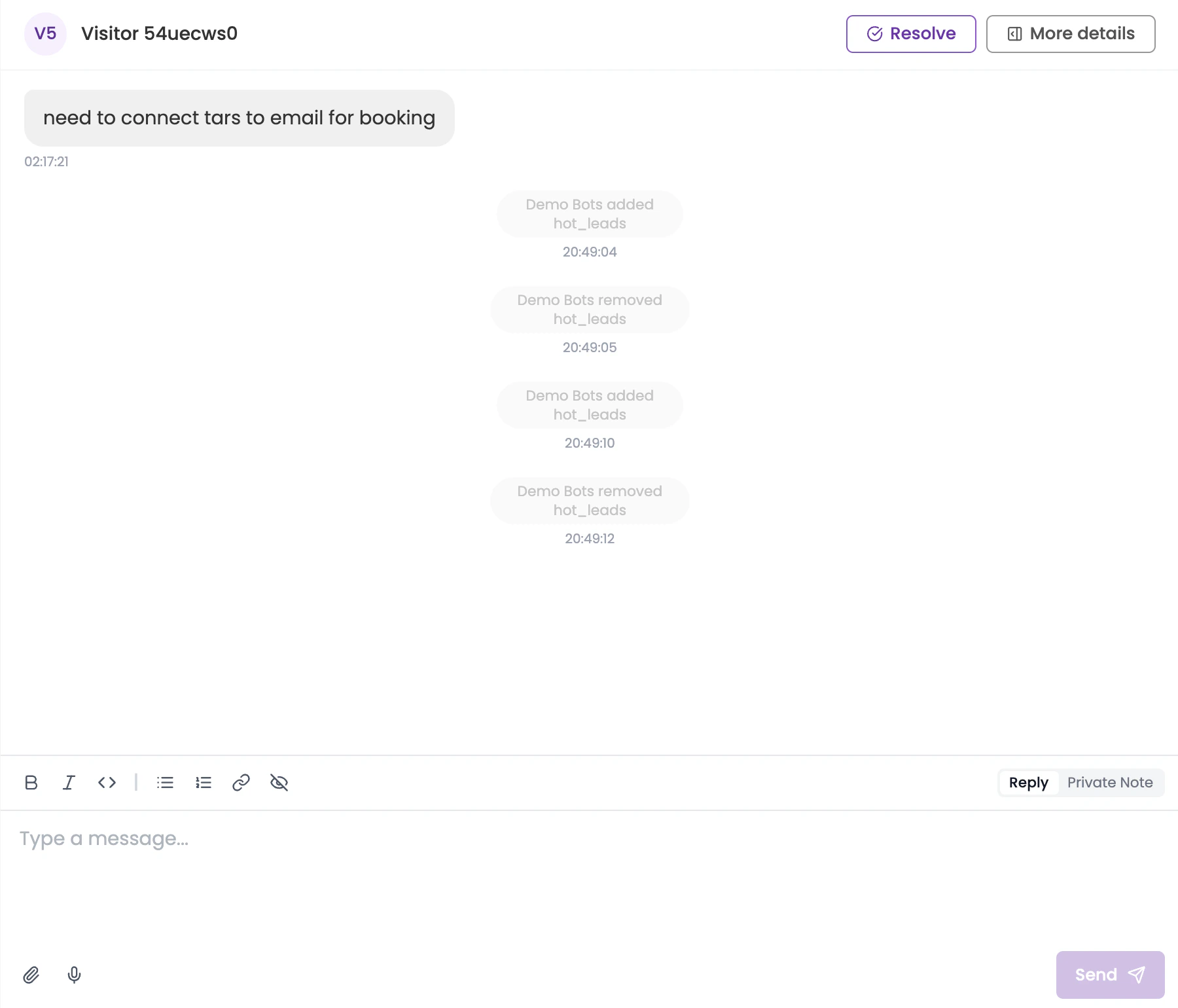 Chat Window showing the full conversation thread with the lead and top bar actions