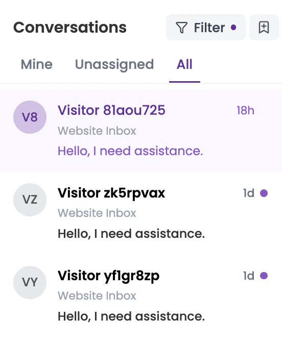 Conversations panel showing the list of conversations with visitor names, inbox tags, message previews, and timestamps