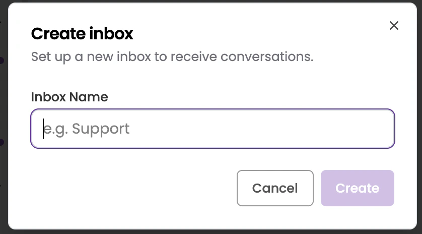 Create Inbox modal with inbox name field and Create button
