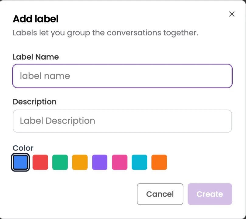 Create Label modal with Label Name, Description, and Color picker fields
