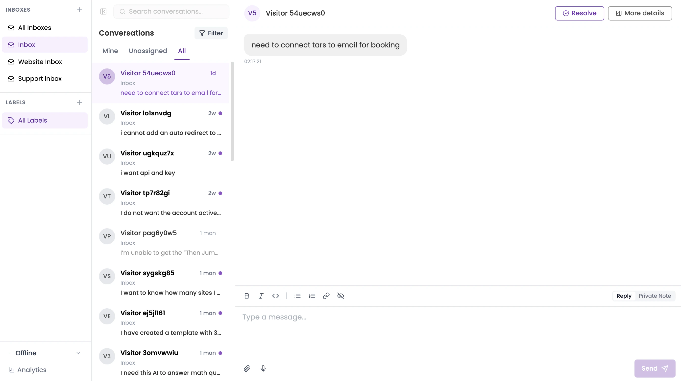 LiveChat Dashboard showing the left sidebar with Inboxes, Labels, and Status sections, the Conversations panel, and the Chat window