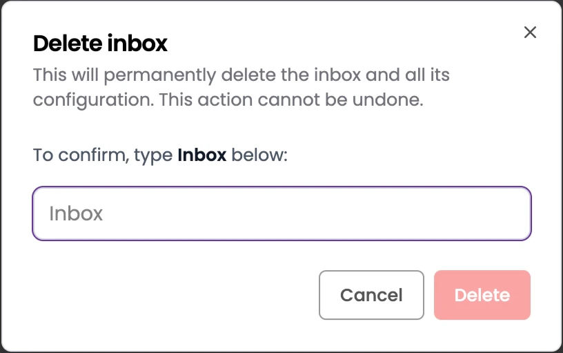 Delete Inbox confirmation modal requiring the inbox name to be typed for confirmation