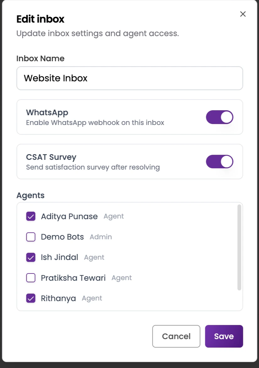 Edit Inbox modal showing Inbox Name, WhatsApp toggle, CSAT Survey toggle, and Agents checklist