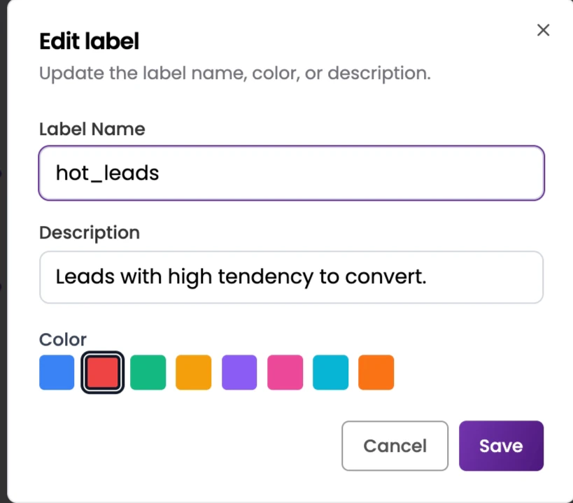 Edit Label modal with Label Name, Description, and Color picker fields
