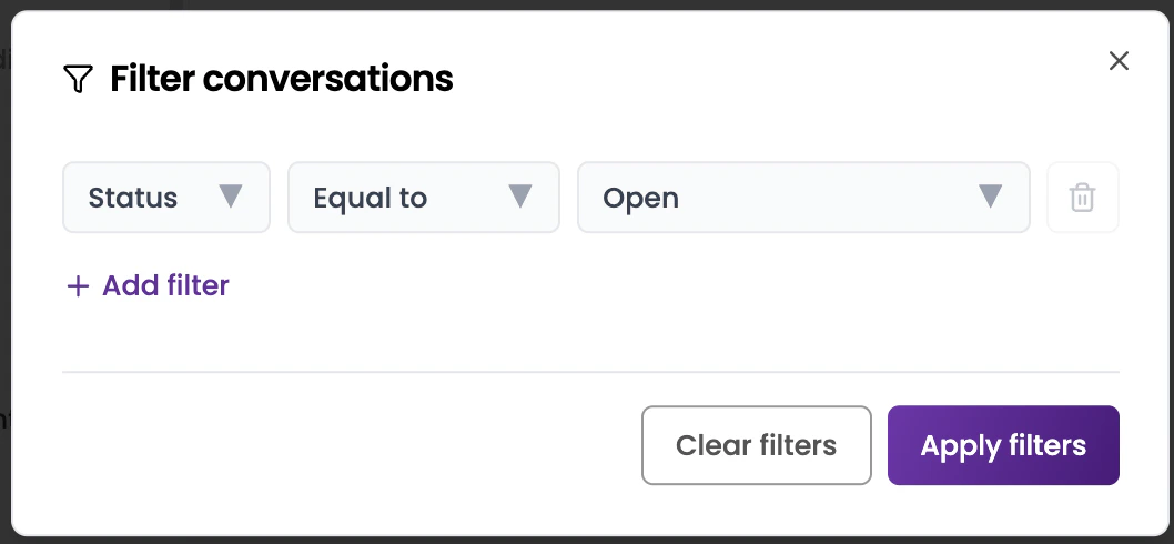 Filter panel showing Status, Assignee, Inbox, and Label filter options with Apply filters button