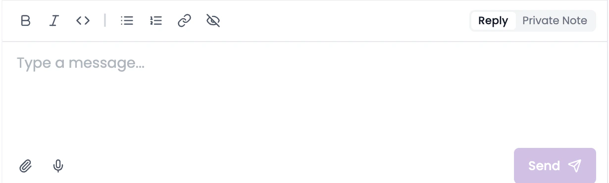 Message composer showing the formatting toolbar, Reply and Private Note modes, and Send button