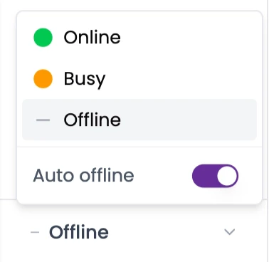 Status dropdown showing Online, Busy, and Offline options with Auto offline toggle