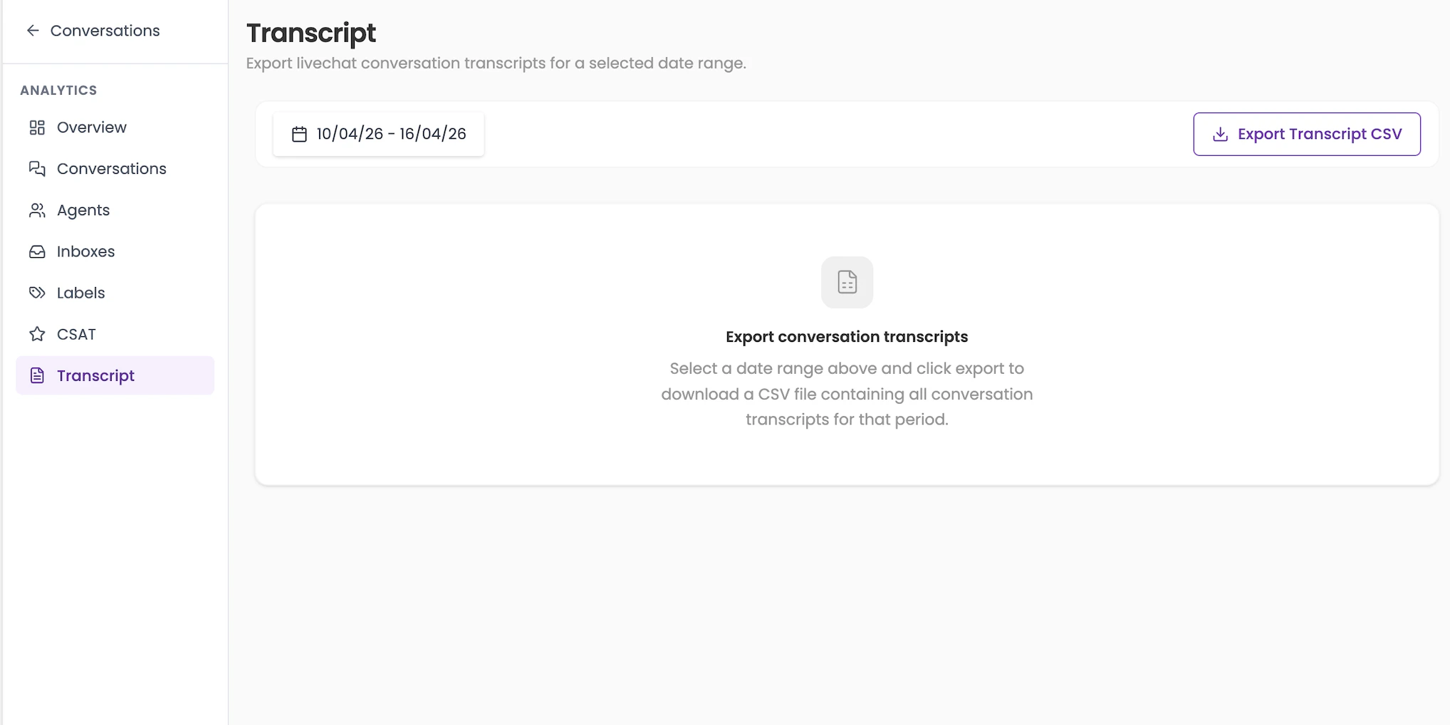 Transcript page showing the date picker and Export Transcript CSV button