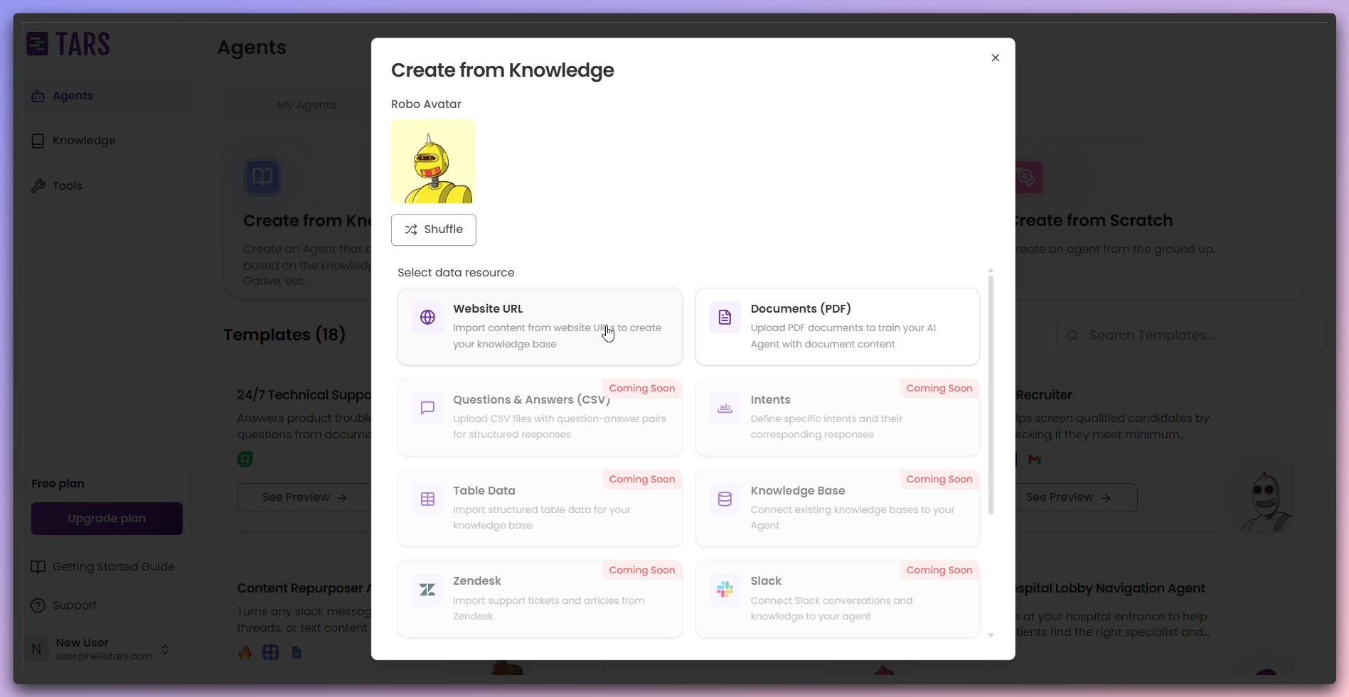 Data source selection and agent customization options