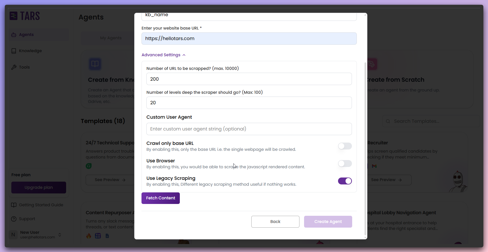 Advanced settings showing scraping configuration options