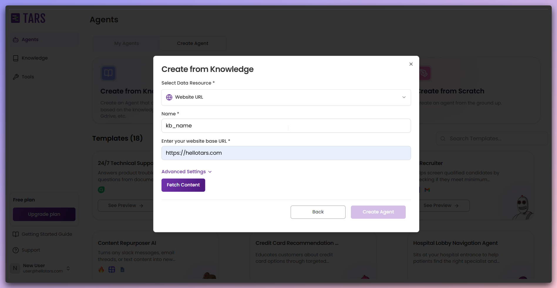 Basic Knowledge Base configuration showing name and URL fields