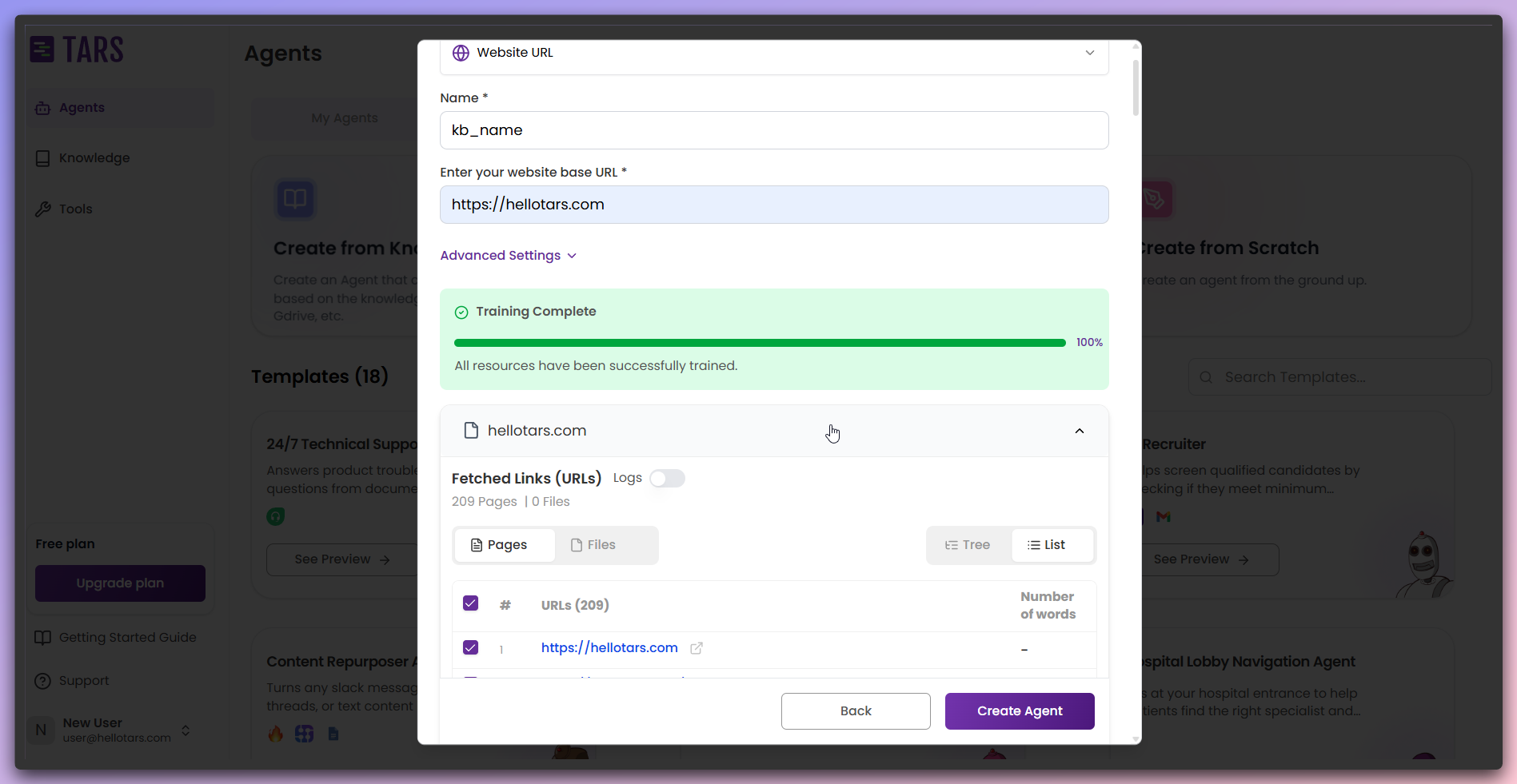 Post-training state showing completed training with content ready for Agent creation