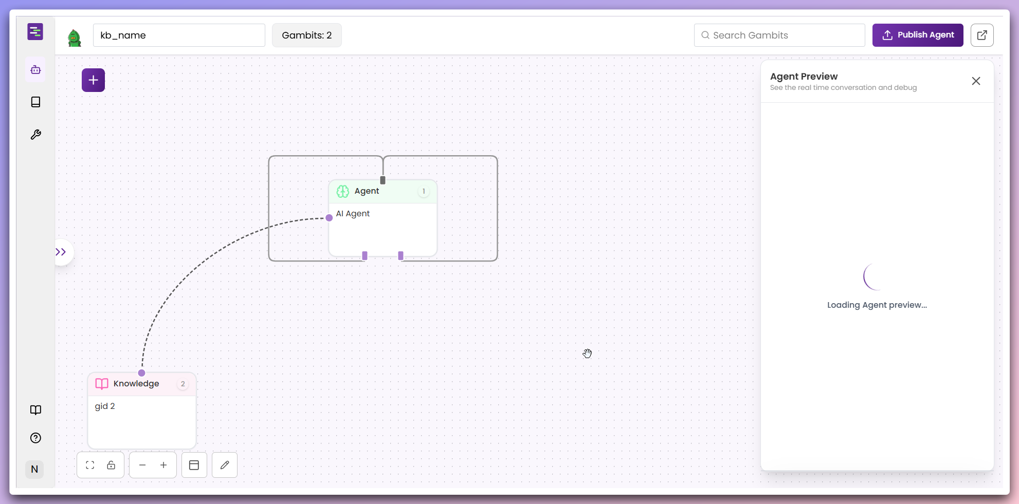 Completed Agent creation showing the new Agent with Knowledge Base gambit connected