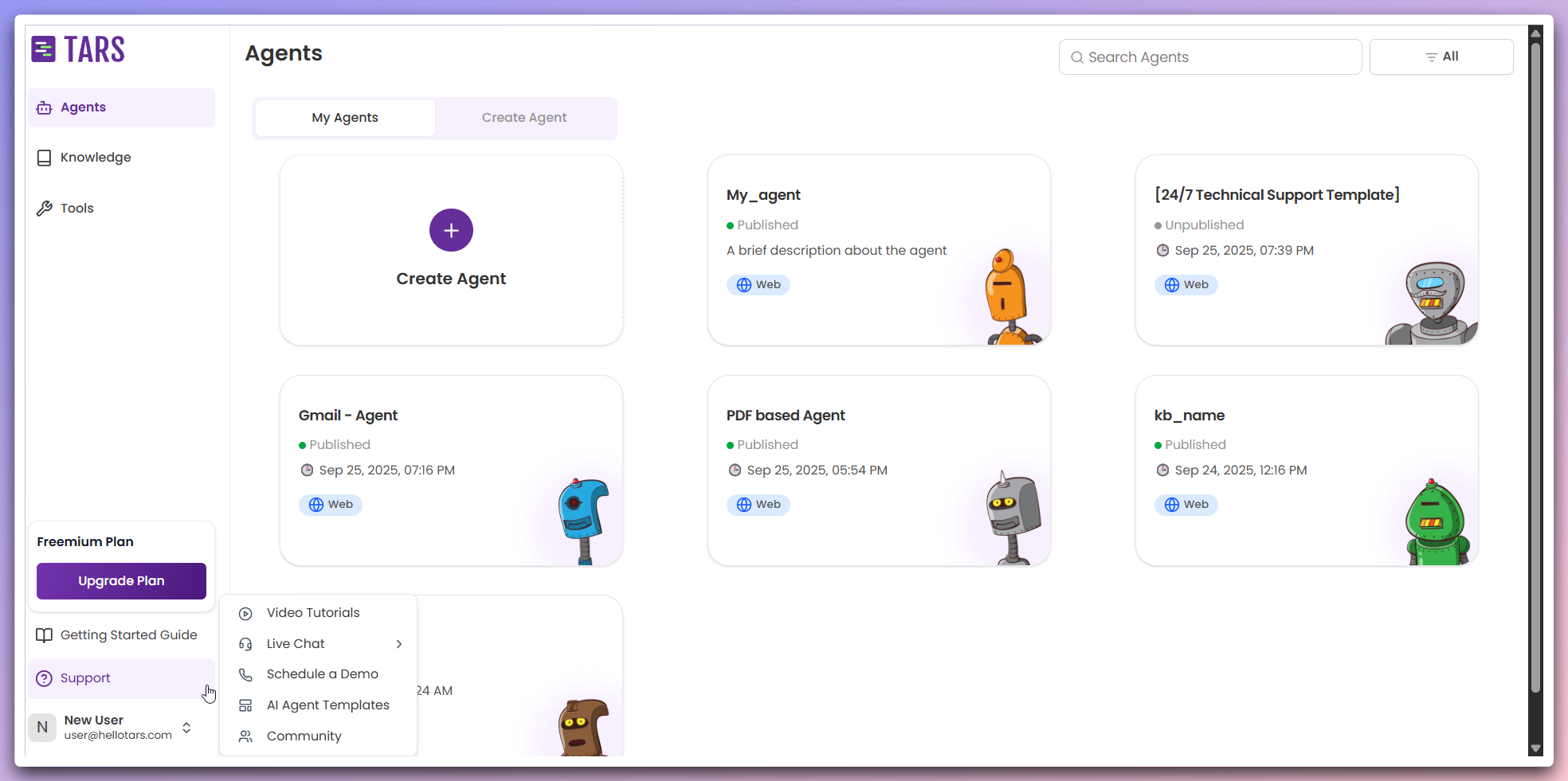 Support dropdown menu showing all available options