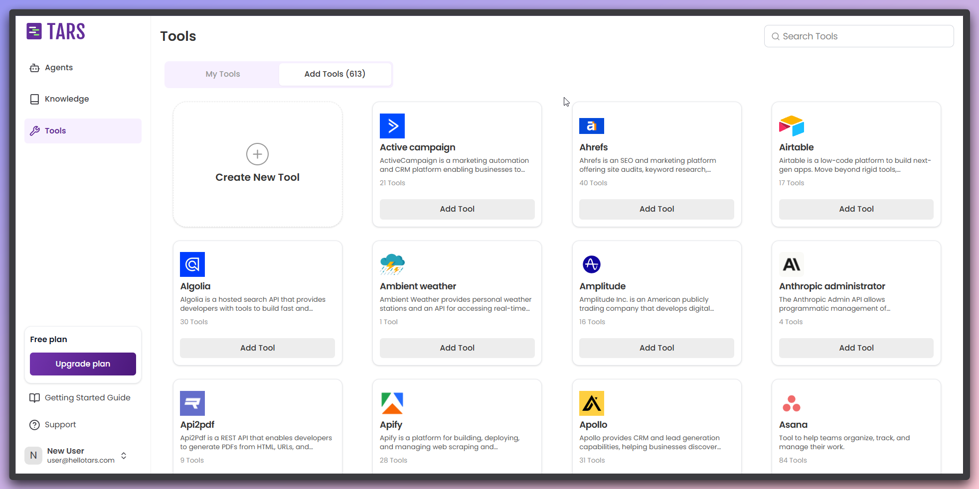 Tools overview dashboard showing all available tools