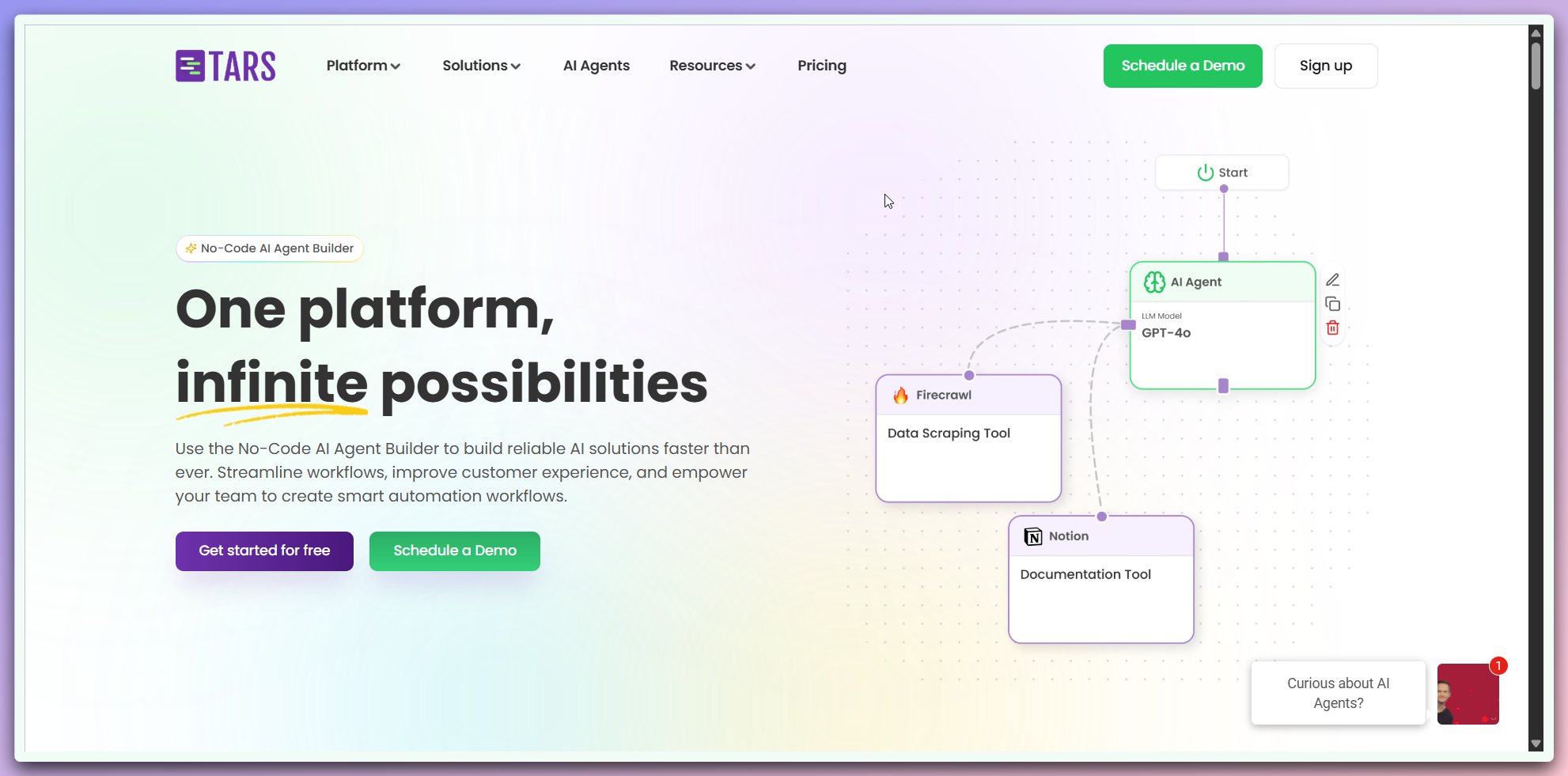 Tars landing page showing the welcoming interface