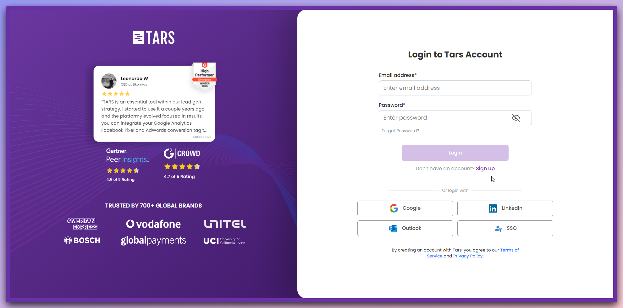 Tars login page showing email/password and social login options